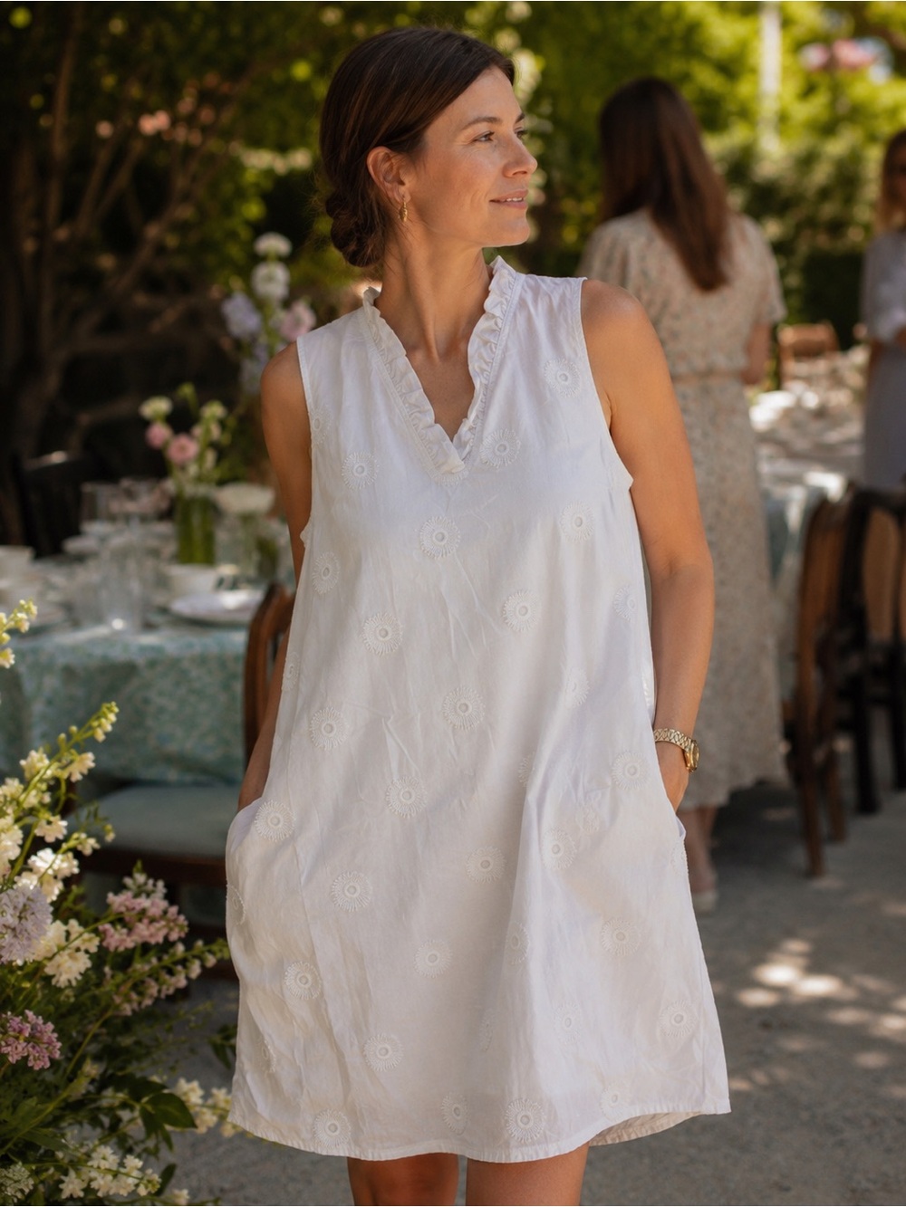 Sleeveless White Eyelet Shift Dress